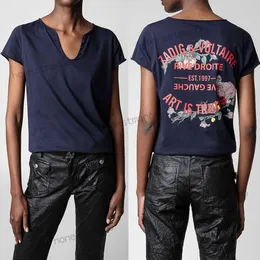 23SS Zadig VoltaireデザイナーファッションコットンTシャツニューザディグトップフラワーホットダイヤモンドUネック女性の背後にあるクラシックレター