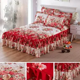 Étnico flor padrão poliéster babados cama saia roupas de cama folha rainha rei colcha casa romântico decoração casamento 231227