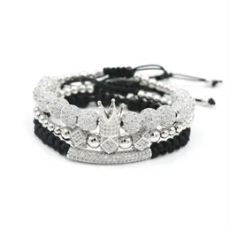 Braccialetti con ciondoli 3 pezzi Set Bracciale con corona di lusso da uomo Hip Hop Colore argento Micro Pave CZ Ball per donne Coppie Pulseira Bileklik267G