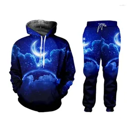 Erkeklerin eşofmanları ifpd yıldızlı gökyüzü ve moon eşofman 3d baskılı hoodie eşofmanları mavi gece eğlence setleri gündelik büyük boy giyim