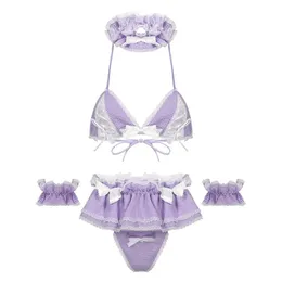 Cute Kawaii Women Erotic Lingerie Set Ruffle Plaid Baby Doll Lace-up Bra G-string Thong Apron Peplum with Choker Arm Sleeves 231226