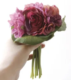 Ghirlande 1 Bouquet Rose Dalie Fiori artificiali All'ingrosso Autunno Vivido Foglia finta Matrimonio sposa bouquet Decorazione festa a casa Alta qualità