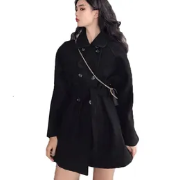모피 여자 모직 코트 패션 가을 겨울 재킷 미드 롱 더블 가슴이있는 벨트 검은 모직 윈드 브레이커 외부웨어 manteau femme