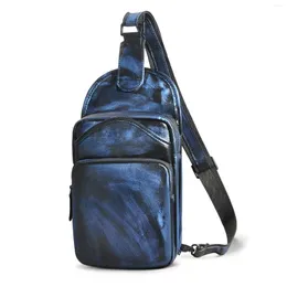 Waist Bags Le'aokuu Men Crazy Horse Leather Casual Vintage Fashion Blue Chest Sling Bag Design One Shoulder Crossbody For Male 9977