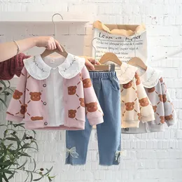 Spring Autumn 3PCS Girls Clothing Set Cartoon Bear Sweater Coat Long Sleeve Shirt Washed Jeans Pants Baby Girls Clothes Set 231226