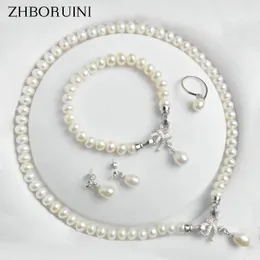 팔찌 Zhboruini Pearl Jewelry Set Natural Freshwater Jewelry Bow Sterling Sier Pearl Necklace Earrings Bracelet for Women Gift