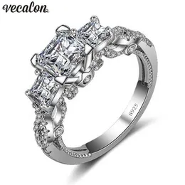 Vecalon Romantischer Vintage-Frauenring mit drei Steinen und Diamanten aus 925er-Sterlingsilber, Verlobung, Ehering für Frauen266n