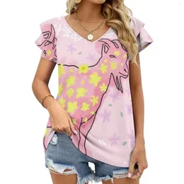 女性のTシャツヤギは花の庭に巻き込まれているロータスリーフネックTシャツ長袖シャツエレガントなファッショントップ