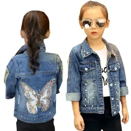 Jaquetas jaquetas meninas meninas jeans jeas jeans cardigan casaco infantil jean Outwear Butterfly bordando lantejoulas de roupas infantis roupas de primavera 2209