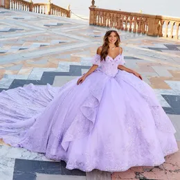 Lavanta prenses kabarık quinceanera kapalı omuz aplike dantel boncuklar dantel-up korse katedral tren vestido de 15 anos