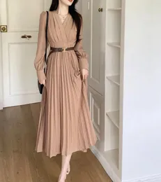 Casual Dresses With Belt V Collar Long Sleeve French Dress Women 2023 Spring And Autumn Korean Fashion Temperament Relaxed-fit