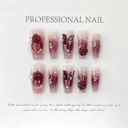 Handgjorda korta vinröda falska naglar Tryck på med 3D -design Återanvändbara konstgjorda naglar Fak med lim Y2K nagelkonst för flickor 231226