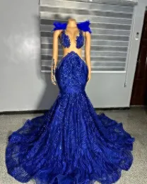 Elegant Royal Blue African Mermaid Prom Formal Kleid Kristall Pailletten Feather Sheer Mesh Evening Birthday Gown für schwarzes Mädchen