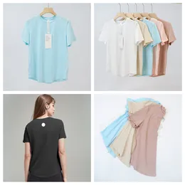 LU-1857 Yoga-Kleidung für Damen, Rundhals-T-Shirt, kurze Ärmel, bequem, Fitness, lässig, schlicht, Baumwolle, Ammoniak-Stoff, einfarbig, weich