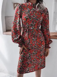 Abiti casual Donna alla moda autunno floreale colletto rialzato lanterna abito in chiffon a maniche lunghe stampa vita legata Vestido S-XL