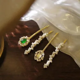 Hårtillbehör Pearl Green Gem Side Bangs Clips Headwear Fix Fringe Barrette Korean Style Women Pin Set Rhinestone