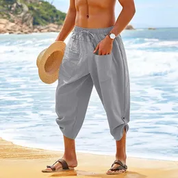 Calças masculinas vintage algodão linho bezerro homens casual solto cordão praia shorts verão fasion boêmio calças streetwear