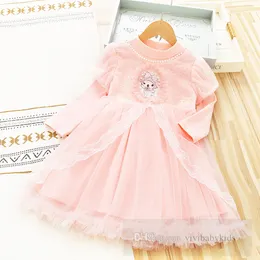 2024 Spring Girls Sequins Gauze Puff Sleeve Party Dresses Kids Kids Cartoon Embroidery Lace Tulle Dress Sweet Bows Belt Princess Clothing Z6344