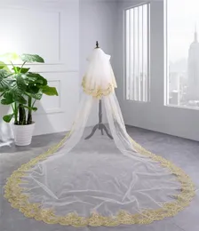 Véus nupciais 2021 apliques véu de casamento ouro renda borda longa acessórios 35 metros branco marfim tulle2366499