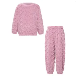 Clothing Sets Winter Kids Boys Girls Nightwear Fuzzy Flannel Pajamas Set Homewear Loungewear Unisex Long Sleeve Round Neck Tops With Pants