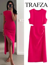 Trafza cortado Rose Red Dress Woman Ruched Summer Long Vestres para mulheres sem mangas Partido Midi Evening Elegant 231227