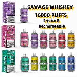 Savage Whisky Vapes 16000 Puff 16K 26 ml engångsvapfabrik Kina 650mAh Uppladdningsbart batterimesh spole vs Razz Bar Poco Vape Tornado 12K 12000 10K 10000 Puffs