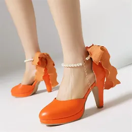 Sandalen pxelena schöne Streichperlen Frauen High Heels 2023 Sommerrunde Zehen Party Dressbüro Dame Schuhe Orange Rot Plus Größe 43