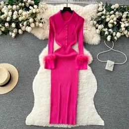 Yuoomuoo Women Dress 2023 Autumn Winter Elegant Fur Long Sleeve Lengeter Lengeate Sweater Chic Lady Lap Hips Bodycon Vestidos 231228