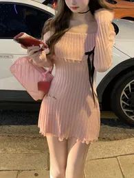 Autumn Pink Slim Bodcyon Sticked Dress Office Lady Elegant Y2K Mini Dress Woman Short Party Dress Korean Fashion 231228