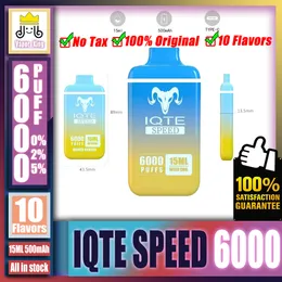 100% 원래 iqte 속도 6000 6k 퍼프 6000 6k 충전용 e 담배 일회용 vape 펜 15ml 사전 충전 된 500mAh 배터리 대 QST Shine