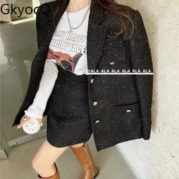 GKYOCQ Korean Fashion Women Dwuczęściowe zestawy eleganckie lapowe kołnierz pojedynczy piersi luźna tweedowa kurtka wysoka w talii Slim Spódnica 231228