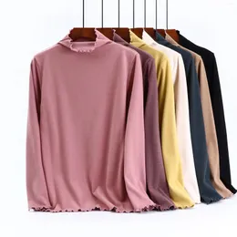 Kvinnors T-skjortor Autumn och vinter dubbelsidig sammet förtjockad trä öronkant Halv hög krage långärmad t-shirt varma toppar för kvinnor
