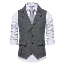 Cinza espinha de peixe tweed terno colete masculino 2023 marca vintage lapela lã mistura colete festa negócios gilet traje homme 231227