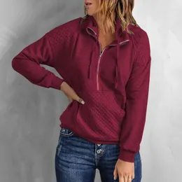 Damen-Kapuzenpullover für Damen, 2023, mit Kapuze, Reißverschluss und Taschen, lässig, halber Reißverschluss, Langarm-Oberteile, Pullover, gerippte Sweatshirts, einfarbiger Trend