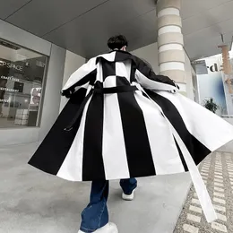 Autumn Winter Irregular Black White Contrast Color Trench Coat Mens Moda Coreana Long Jackets de alta qualidade 231227