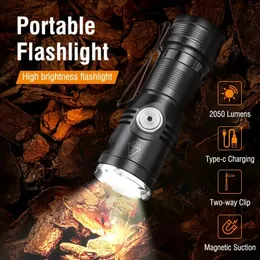 Super Bright LED EDC Flashlight, 2050LM Type-c Rechargeable Torch, Tail Magnet IP67 Waterproof Emergency Camping Lantern
