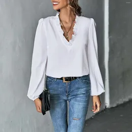 Women's Blouses Women Vintage Blouse Solid Ruffled V Neck Loose Bubble Sleeve Shirts & Autumn Clothing Blusa Mujer Moda Camisas