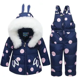 Cappotto da bambina con cappuccio in pelliccia con orecchie di coniglio per bambina, giacca da sci, pantaloni con bretelle, tuta punteggiata di piumini LJ2011262259770