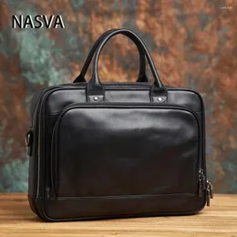 Briefcases NASVA Genuine Leather Handbag Men's Casual Retro One-Shoulder Messenger Bag Multi-Functional Business Briefcase Computer