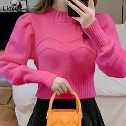 Kadın Koreli Vintage Düz Renkli Sweaters Sonbahar Kış Moda Tüm Maçlar Kısa Yarım Yaka Örme Örme S Giyim 231228