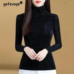 Mulheres camisetas Mulheres Coreano Moda Gola Alta Sexy Brilhante Seda Elegante Pelúcia Camisa Básica Outono Inverno Preto Manga Longa Slim Pullvoer