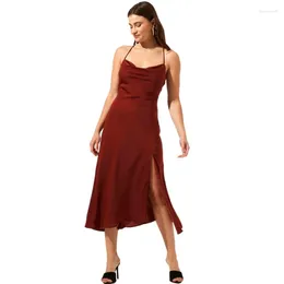 Casual Dresses 2023 Summer Vintage Women Satin Slip Dress Spaghetti Strap Side Slit Black Bourgogne Silk Sexig Long Party Vestidos
