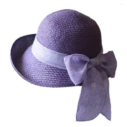 Berets Women Hat Ribbon Straw Round Dome Folding Big Brim Suncreen Mash