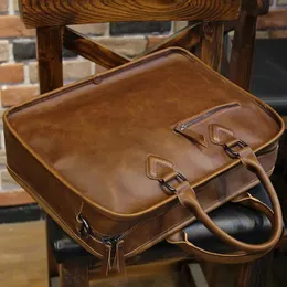 Briefcases Men Vintage Briefcase Handbag Crazy Horse Pu Leather 13inch Big Laptop Bags Business Brown Messenger Shoulder Bag Man