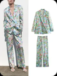 Pant conjuntos de ternos florais para mulheres blazer casacos de manga comprida fêmea fêmea de 2 peças Terno elástico da cintura Spring Setra 231227