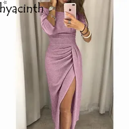 2023 frauen Off Schulter Langarm Bodycon Abend Party Kleid Asymmetrische Split Bleistift Kleider S M L XL XXL 231228