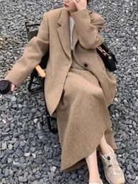 Elegante chique feminino sólido lã blazer saias terno casual solto vintage jaquetas midi saia duas peças conjunto roupas de moda feminina 231228