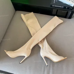 Tasarımcı Hiroko Cuissard Bootpointed açık ayak patikleri stiletto topuk bot üzerinde diz streç kumaş önyükleme ayak bileği botları lüks ayakkabılar kadın boot