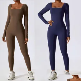 Lu Align Yoga Jumpsuit Woman Eu/Us Autumn Long Sleeve Square Neck Slim Fit Padded Leg Dance Bodysuit Breathable Nylon Womens Drop Del Dh5Qb
