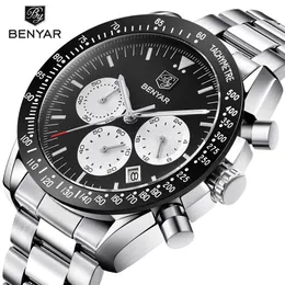 Benyar Brand Men Sport Chronograph Watches alla pekare arbetar vattentätt mode stål rostfritt kvartsklocka släpp svart205v